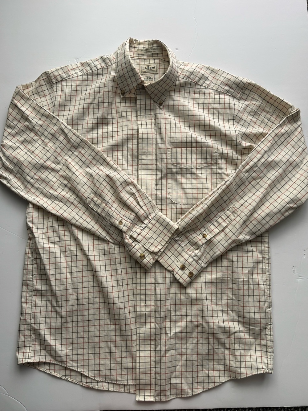 LL Bean Shirt Mens Medium Beige Tan Tartan Plaid Flannel Button Up Outdoors Work